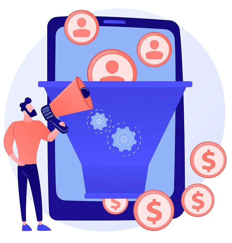 Funnel sales strategy. Profit monetization. Target audience, lead generation. Conversion marketing. Marketologist cartoon character. Online business. Vector isolated concept metaphor illustration
